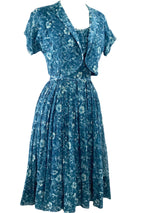 Vintage 1950s Blue Floral Cotton Dress Ensemble - New!