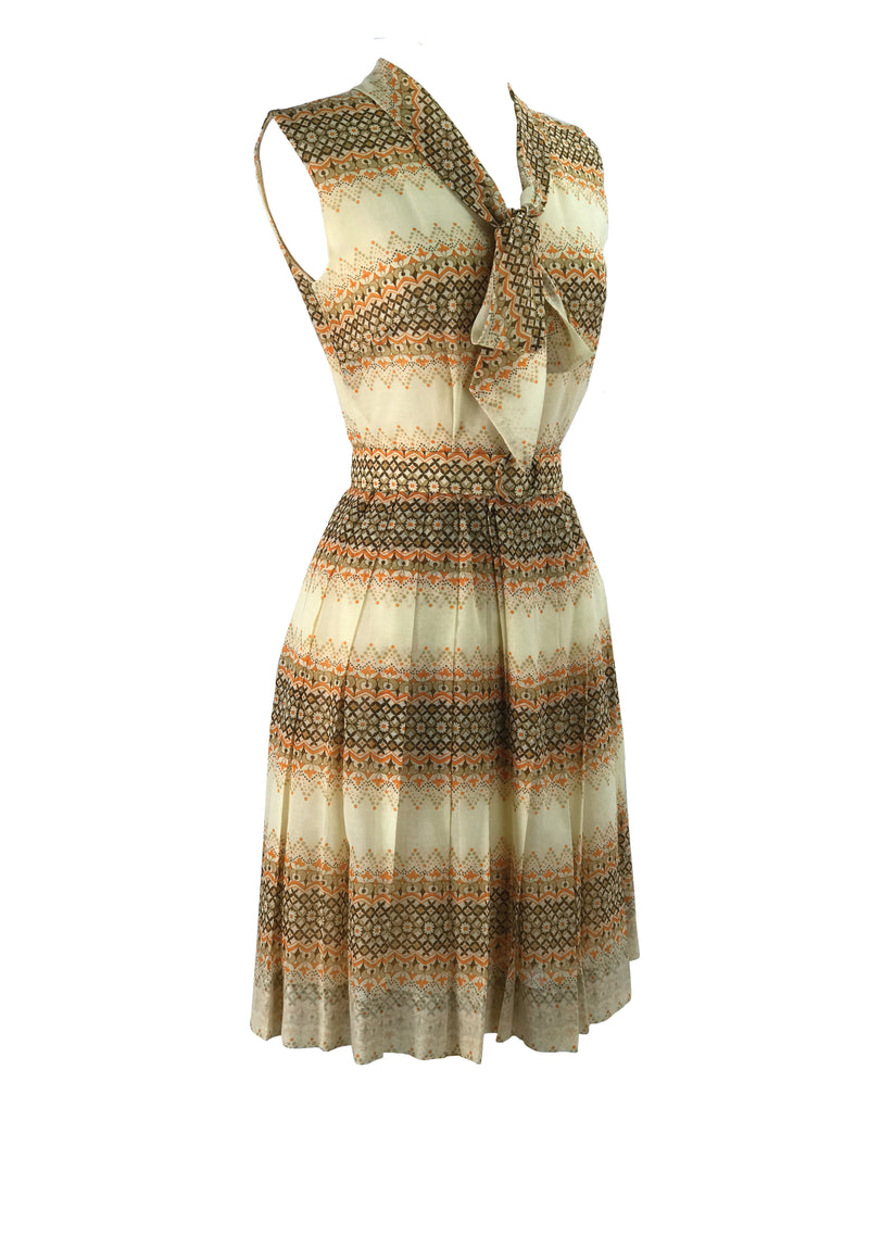Vintage 1960s Mod Cream. Orange and Brown Cotton Dress - New!