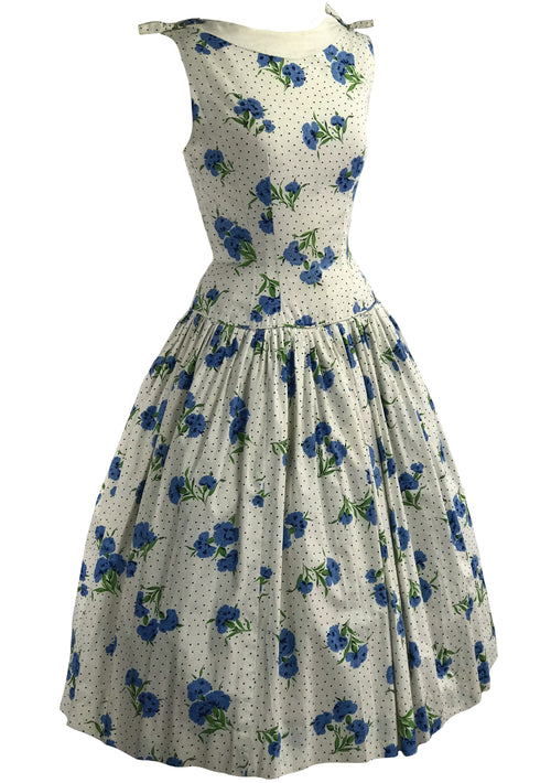 Vintage 1950s Blue Carnations & Dots Cotton Dress- New!