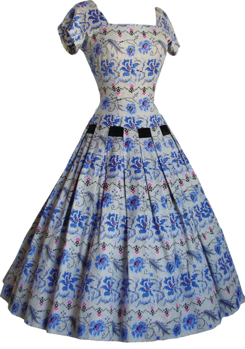 1950's Blue Floral Tapestry Print Cotton Dress- New