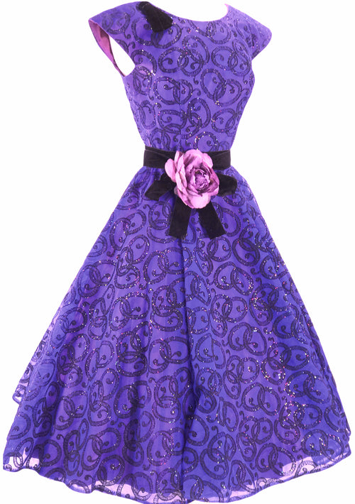 Original 1950s Black Flocked Violet Party Dress  - New!