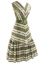 Vintage 1950s Green and White Floral Chevon Stripe Dress- New!