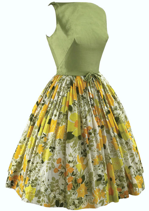 Vintage 1950s Green and Yellow Floral Cotton Sundress- New!