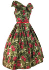 1950s Red Roses and Green Leaves Silk Blend Dress- New!