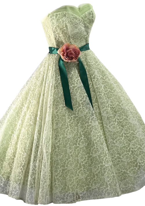 Vintage 1950s Pistachio Green Net Lace Party Dress - New!