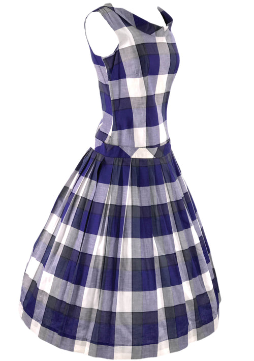 Vintage 1950's Blue & White Buffalo Plaid Cotton Dress  - New!