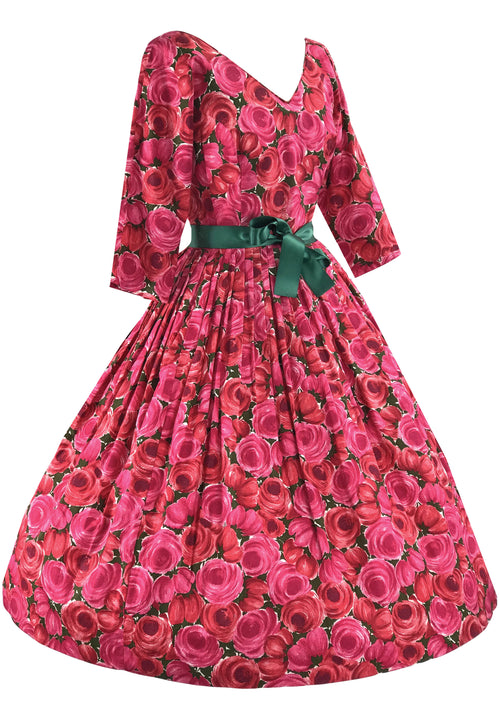 Spectacular 950s 1960s Magenta Roses Cotton Dress  - New!