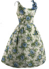 Vintage 1950s Blue Morning Glory Applique Silk Dress - New!