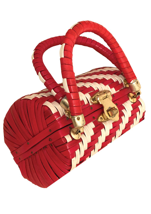 Vintage 1960s Red and White Herringbone Handbag - New!