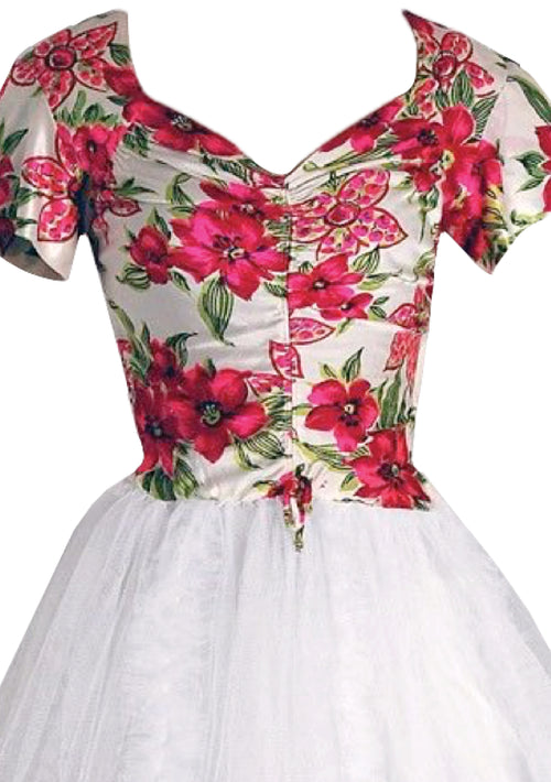 1950s Red Floral Jersey & Tulle Party Dress  - New!