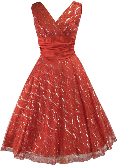 1950s Red Lace Dress with Silver Thread - New!