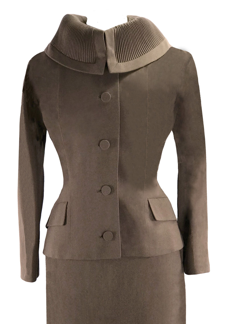 Sophisticated 1950s Mocha Gaberdine Wool Suit- New!