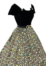 Early 1950s Black Velvet and Taffeta Peacock Flocked Dress - New!