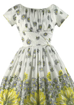 Late 1950s Yellow Daisy Border Print Cotton Dress - New!