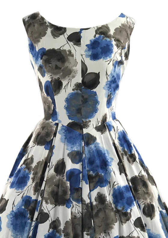 Vintage 1950s Muted Blue Roses Cotton Dress - New!