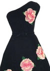 1950s Designer Black Velvet 3D Rose Appliques Dress - New!