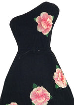 1950s Designer Black Velvet 3D Rose Appliques Dress - New!