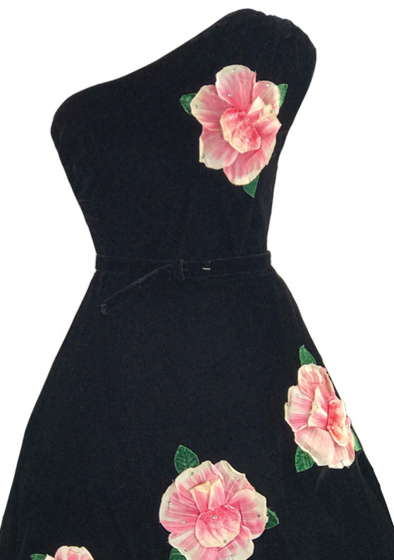 1950s Designer Black Velvet 3D Rose Appliques Dress - New!
