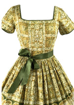 Original 1950s Gold & Green Cotton Grecian Print Dress - New!