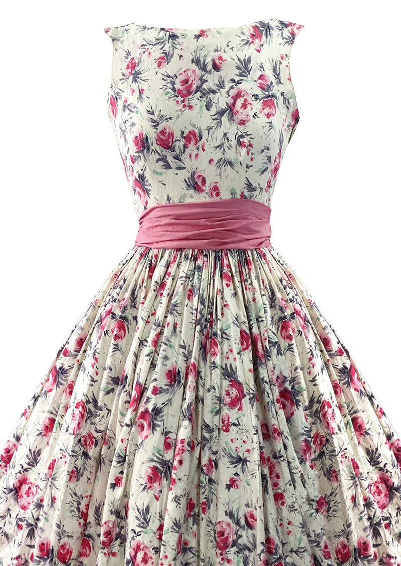 Vintage Late 1950s British Cotton Designer Dress with Pink Roses - New!
