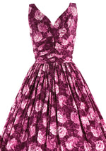 1950s Magenta Carnations Print Cotton Dress -  New!