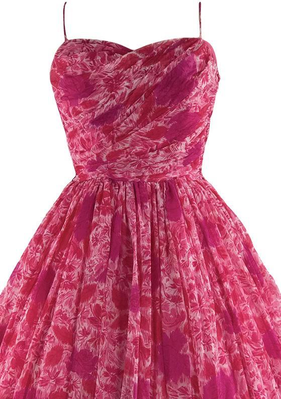 Vintage 1950s Fuchsia Pink Rose Print Chiffon Dress - New!