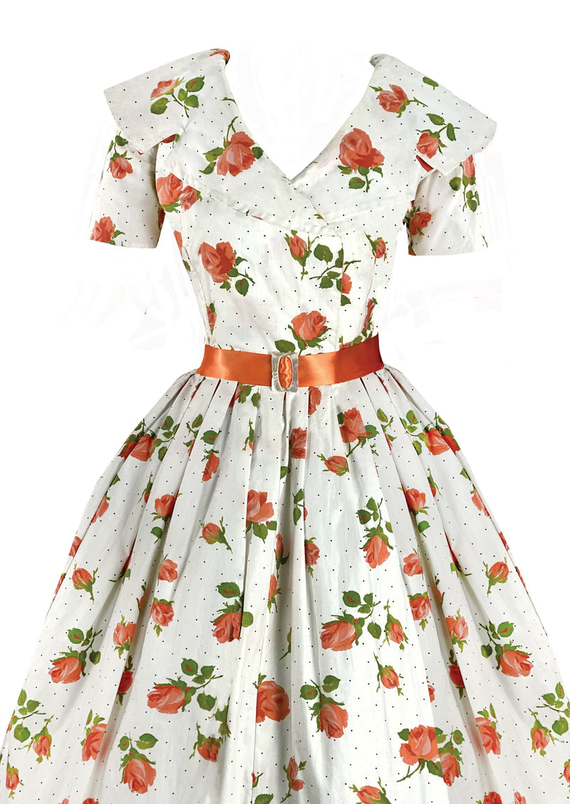 Late 1950s Tangerine Roses Cotton Dress - New!