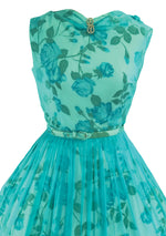 1950s Aqua Chiffon  Blue Roses Taffeta Party Dress - New! (ON HOLD)