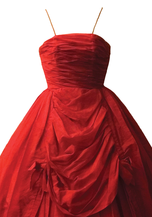 Stunning 1950s Red Organza Draped Cocktail Dress - New!