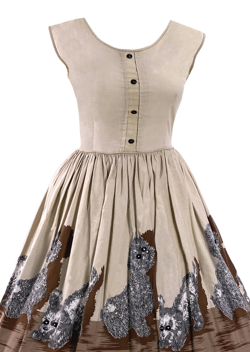 1950s Poodle Print Oatmeal Cotton Novelty Dress- New!