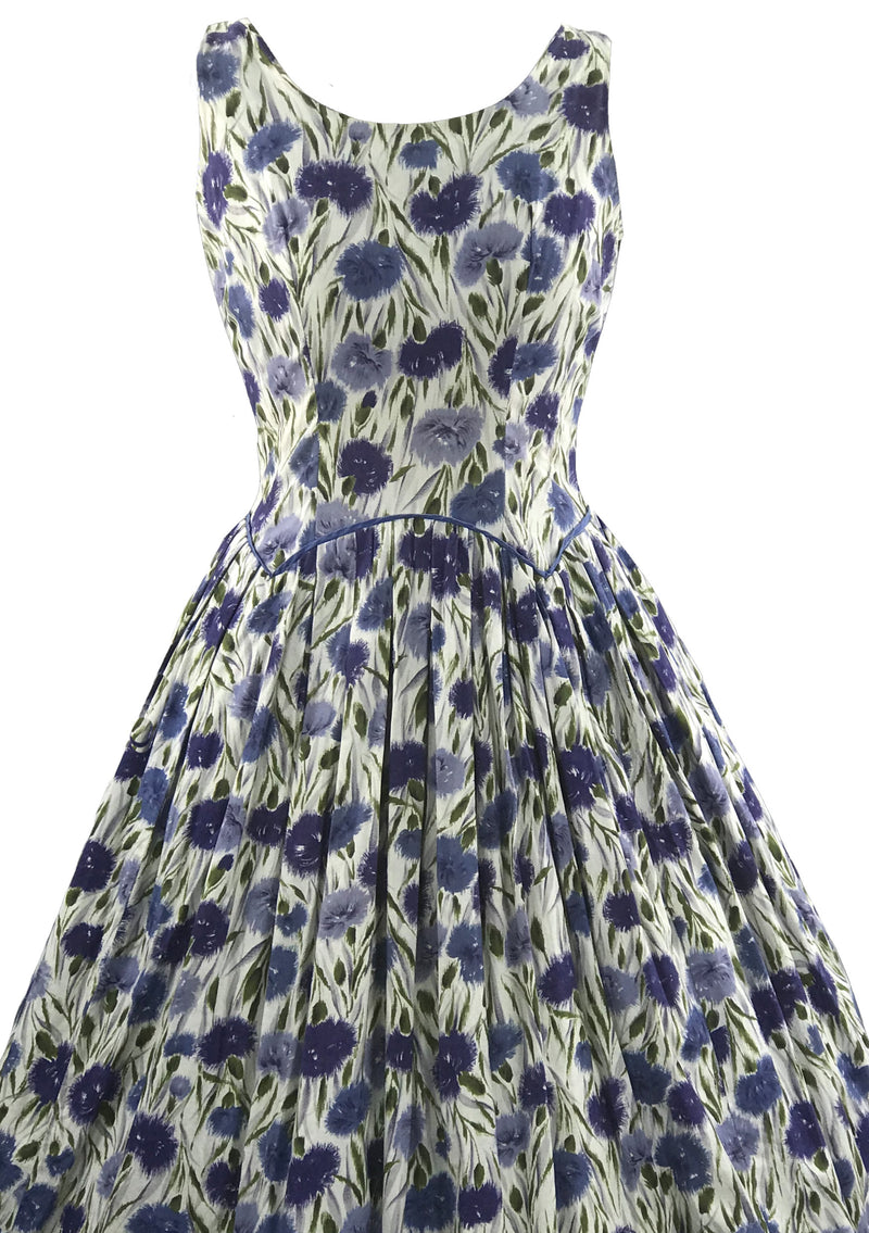 Vintage 1950s Blue Carnations Cotton Dress- New!