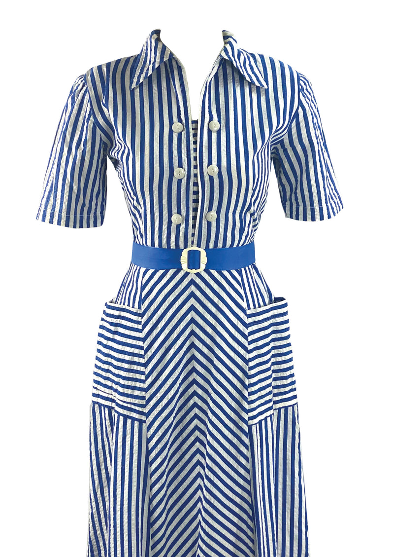 Late 1930s Early 1940s Blue and White Chevron Stripe Dress - NEW!