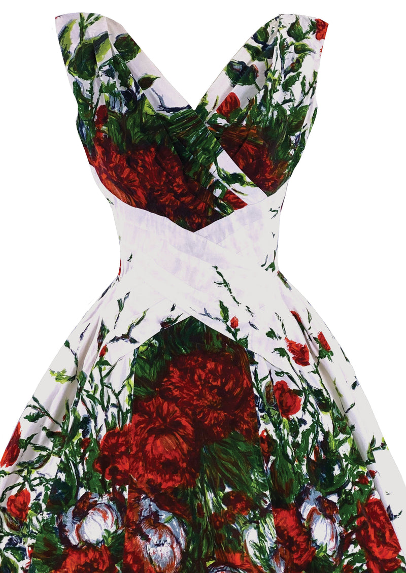 Late 1950s Spectacular Red Floral Print Designer Dress- New!