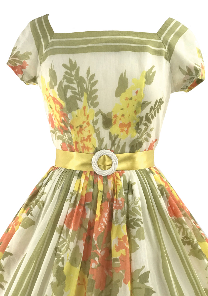 1950s Yellow and Green Floral Jerry Gilden Dress - New!