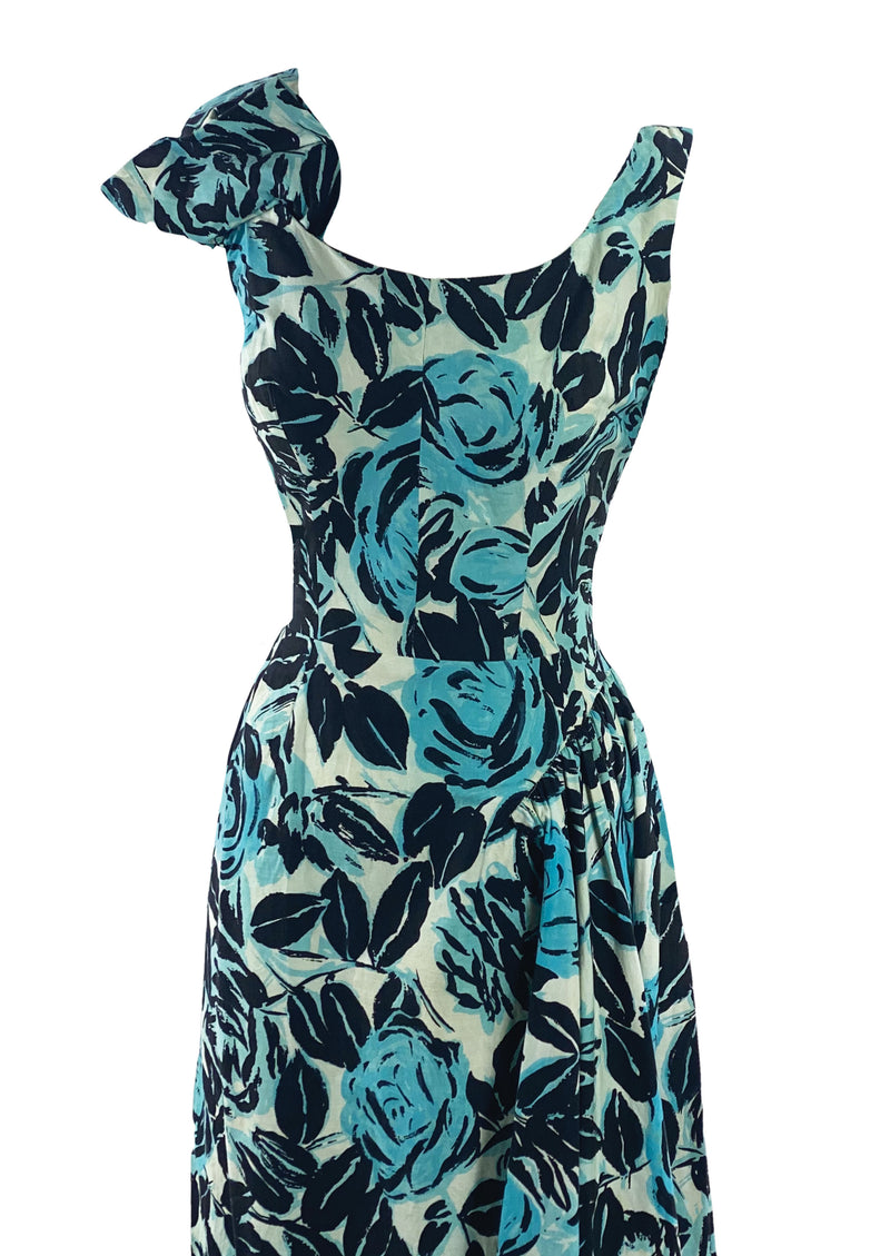 Late 1950s Early 1960s Blue Roses Cotton Dress - New!