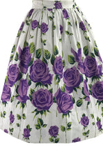 Striking Early 1960s Purple Roses Cotton Skirt- New!