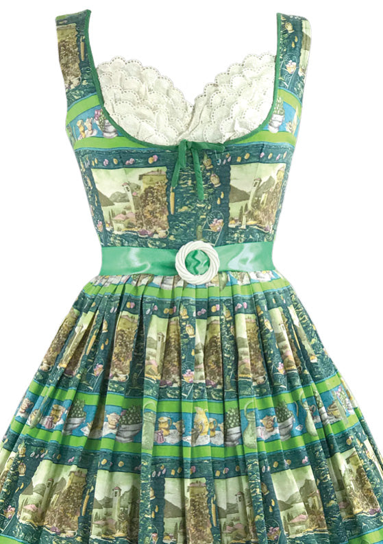 Late 1950s Scenic French Novelty Print Cotton Dress- New!