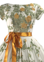 Glorious 1950s Golden Rose Spray Cotton Dress - New!