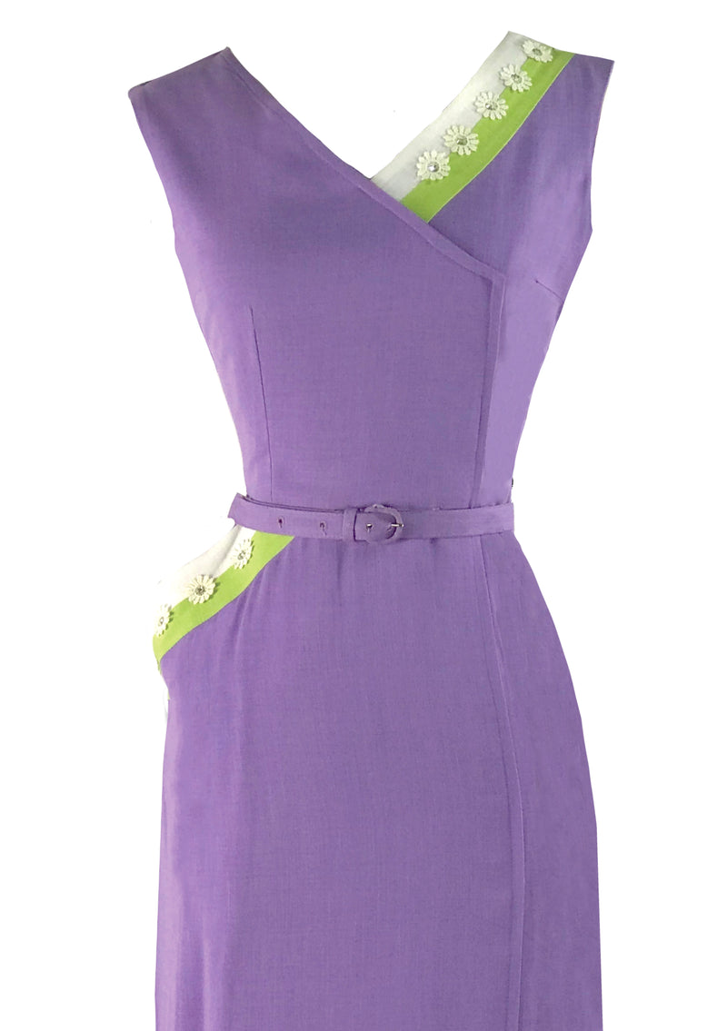 Vintage 1950s Lilac Linen Wiggle Dress with Daisy Applique- New!