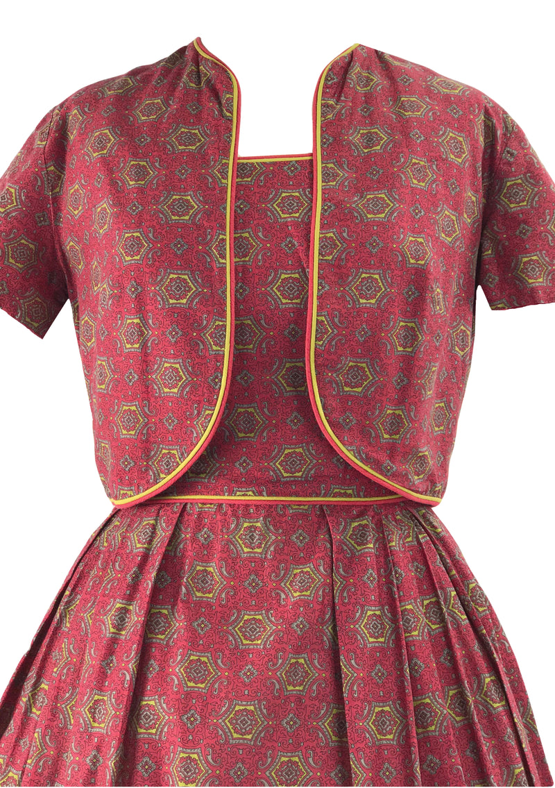 Vintage 1950s Red Medallion Print Dress Ensemble- New!