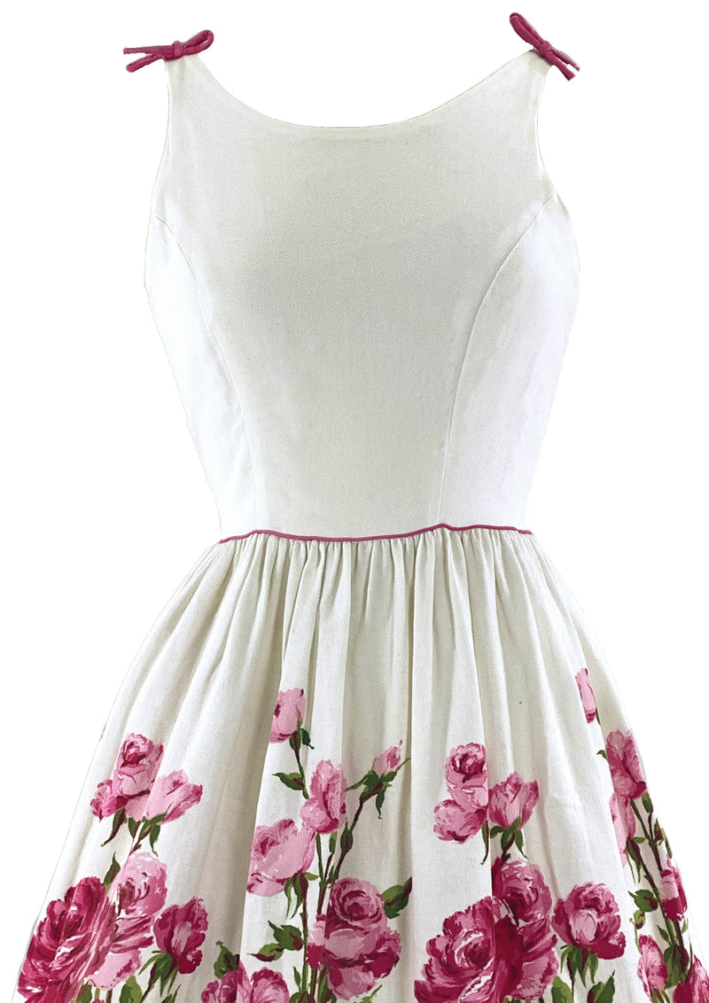 Early 1960s Pink Roses on White Pique Cotton Dress- New!