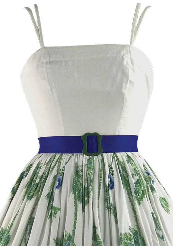 Vintage 1950s Ivory Dress with Blue Floral Border - New!