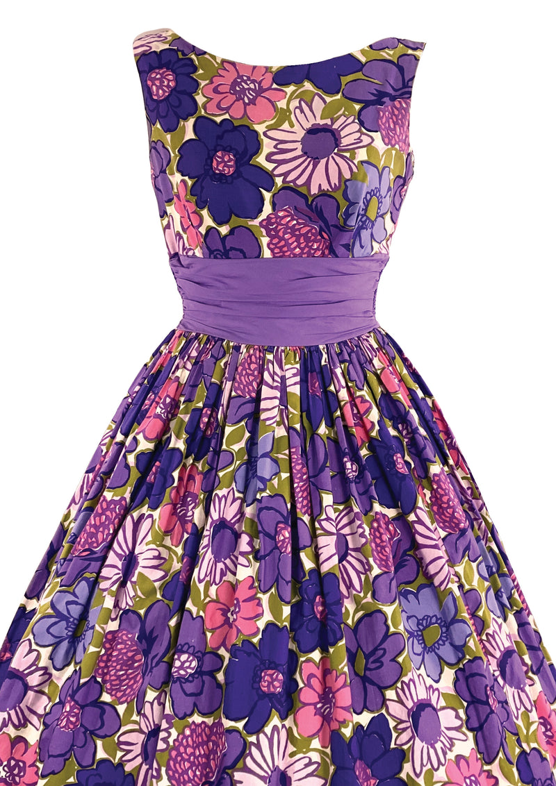 Late 1950s - Early 1960s Purple & Pink Floral Designer Dress - New!