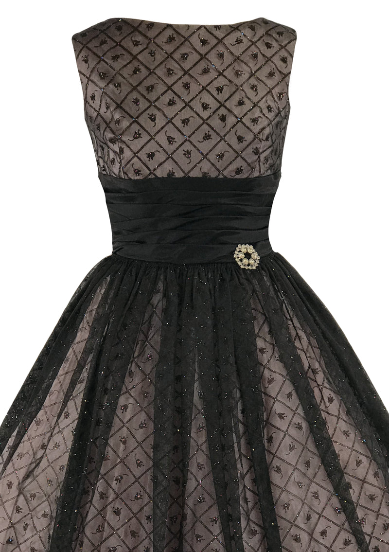 Vintage 1950s Black Flocked Chiffon Glitter Party Dress - New!