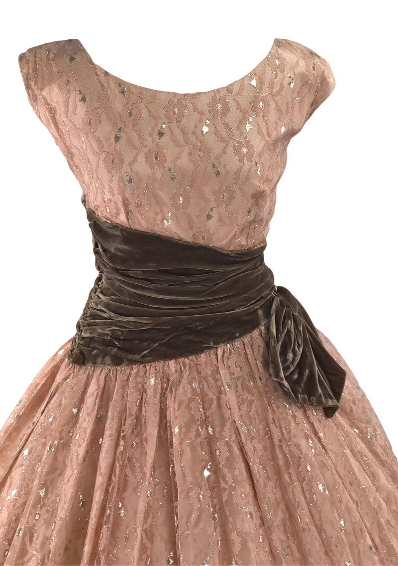 1950s Mushroom Pink Lace Party Dress with Silver Thread - New!