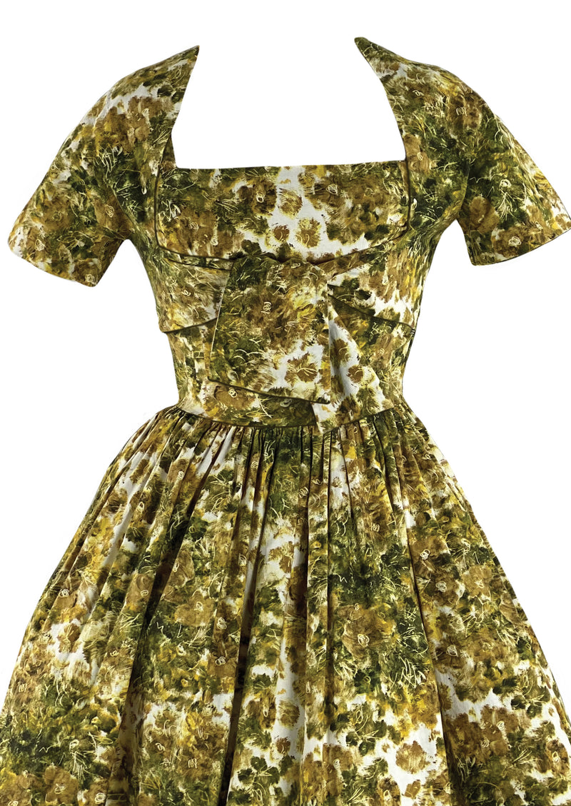 Late 1950s Early 1960s Green & Gold Floral Dress- New!
