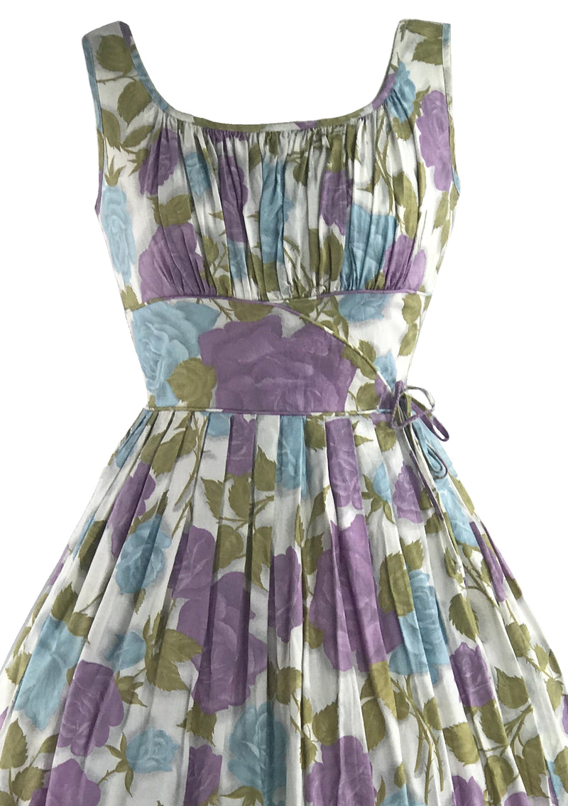 Late 1950s Early 1960s Lilac & Blue Rose Cotton Dress - New!