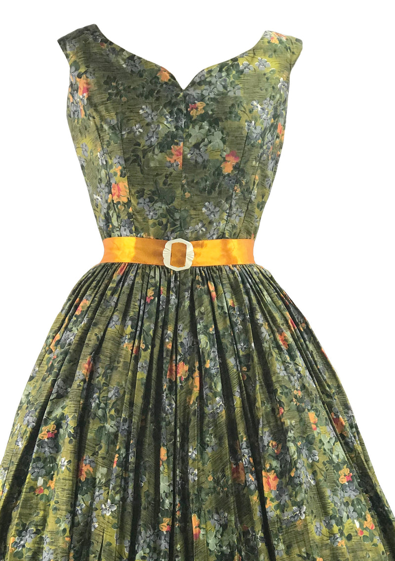 Beautiful 1950s Olive Green Floral Cotton Dress- New!