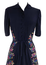 Gorgeous 1940s Navvy Blue Rayon Dress with Appliques - New!