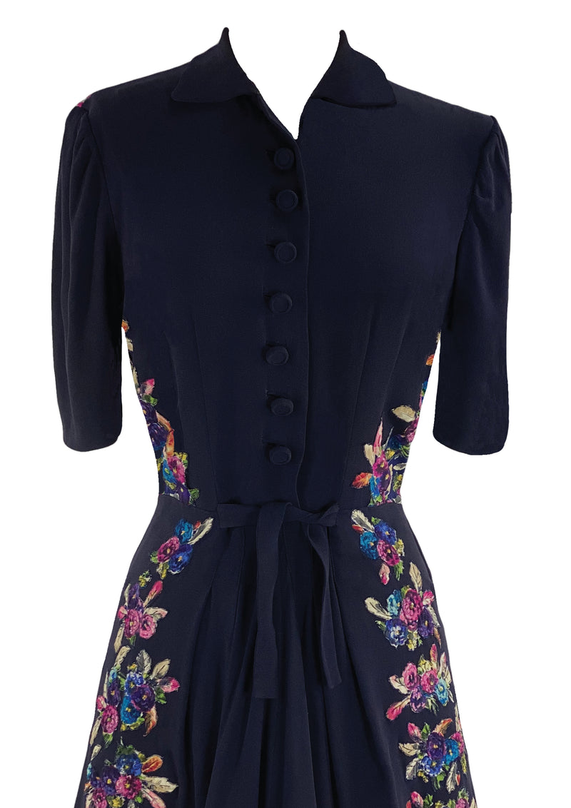 Gorgeous 1940s Navvy Blue Rayon Dress with Appliques - New!